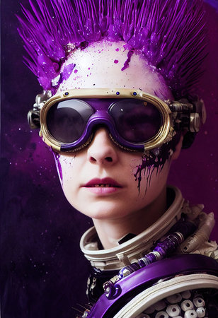 Abstract portrait of a fantasy cyberpunk girl. High-tech futuristic woman from the future. Concept of virtual reality and cyberpunk. 3D rendering.の素材