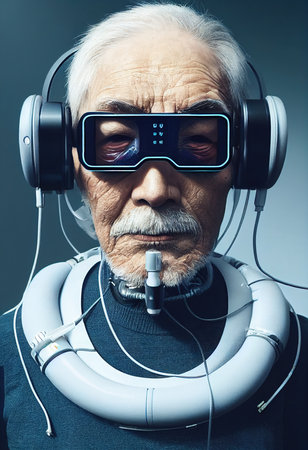 Fictional portrait of a grandfather in a futuristic cyberpunk style with a cyber headset. A high-tech man from the future. The concept of virtual reality and cyberpunk. 3D renderの素材