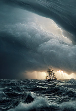 Sea storm with clouds and strong winds. Landscape of a storm at sea.の素材