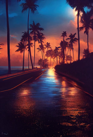 A futuristic evening city. A rainy city street with palm trees. The concept of virtual reality and cyberpunk. 3D rendering.の素材