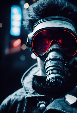 A stalker survivor in protective clothing and an neon gas mask. Survivor of nuclear war. 3d renderingの素材