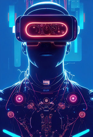 Portrait of a man wearing a cyberpunk headset, neon virtual glasses, and cyberpunk gear. A high-tech futuristic man from the future. The concept of virtual reality and cyberpunk. 3D rendering.の素材
