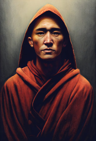 Portrait of a Mysterious Medieval Monk. Monk with a mysterious smile. 3d renderingの素材