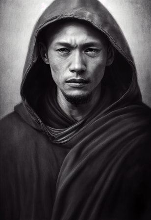 Portrait of a Mysterious Medieval Monk. Monk with a mysterious smile. 3d renderingの素材