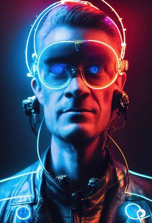 Portrait of a man wearing a cyberpunk headset, neon virtual glasses, and cyberpunk gear. A high-tech futuristic man from the future. The concept of virtual reality and cyberpunk. 3D rendering.の素材