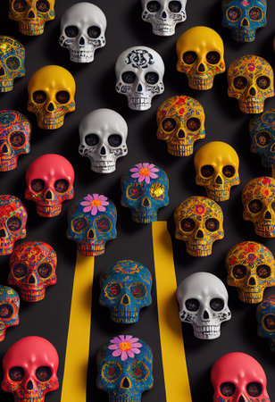 Horrible multicolored skulls with beautiful makeup. 3D rendering.の素材