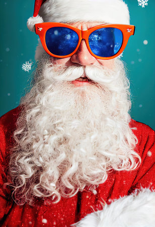 A fancy old bearded Santa Claus in winter against a winter forest with fancy sunglasses. A winter holiday concept. 3d renderingの素材