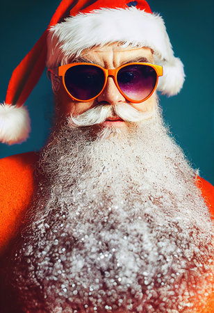 A fancy old bearded Santa Claus in winter against a winter forest with fancy sunglasses. A winter holiday concept. 3d renderingの素材