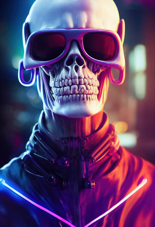 Portrait of a cyberpunk zombie skeleton from hell with fancy sunglasses. Halloween Concept. 3D rendering.の素材