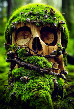 A horrible ancient skull covered with moss lies in a green autumn forest. 3D rendering.の素材