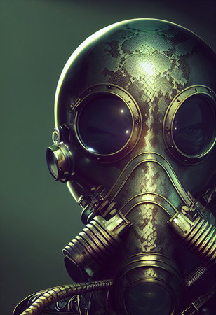 A stalker survivor in protective clothing and an old gas mask. Survivor of nuclear war. 3D renderの素材