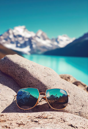 Trendy still life sunglasses. Stylish sunglasses on rocks against a mountain backdrop. 3d renderingの素材
