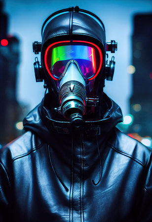 A stalker survivor in a leather jacket and a neon gas mask. Survivor of nuclear war. 3d renderingの素材