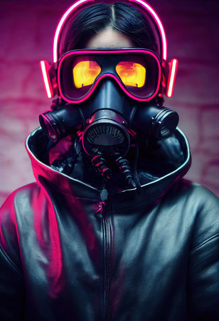 A stalker survivor in a leather jacket and a neon gas mask. Survivor of nuclear war. 3d renderingの素材