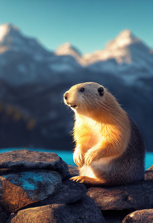 Alpine marmot resting on rocks in the sun. Groundhog in nature. 3d renderingの素材