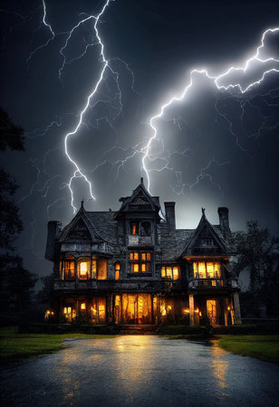 Mystical and spooky castle in the darkness and lightning flashes. An ancient historical castle. 3D rendering.の素材