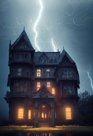 Mystical and spooky castle in the darkness and lightning flashes. An ancient historical castle. 3D rendering.の素材