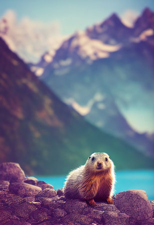 Alpine marmot resting on rocks in the sun. Groundhog in nature. 3d renderingの素材