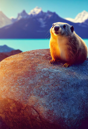 Alpine marmot resting on rocks in the sun. Groundhog in nature. 3d renderingの素材