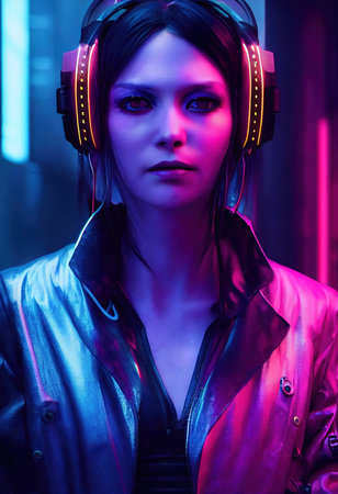 Fictional portrait of a sci-fi cyberpunk girl. High-tech futuristic woman from the future. The concept of virtual reality and cyberpunk. 3D render.の素材