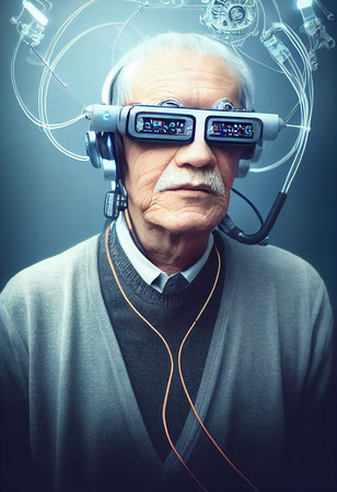 Fictional portrait of a grandfather in a futuristic cyberpunk style with a cyber headset. A high-tech man from the future. The concept of virtual reality and cyberpunk. 3D renderの素材
