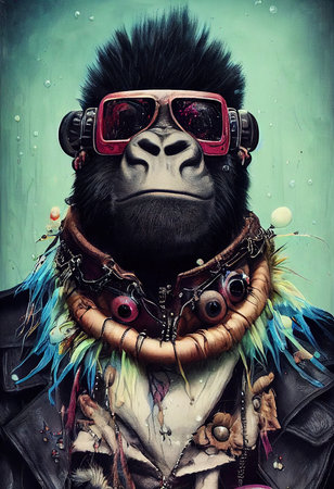 Portrait of a punk monkey. Monkey rock musician. Hipster monkey with a punk hairdo. 3D renderingの素材