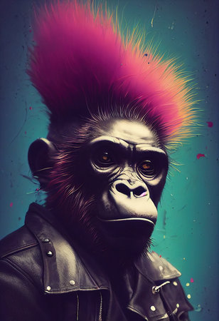 Portrait of a punk monkey. Monkey rock musician. Hipster monkey with a punk hairdo. 3D renderingの素材