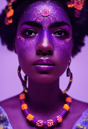 Fantasy fictional beauty, fashionable ebony woman with purple makeup. Creative beautiful girl. 3D renderの素材