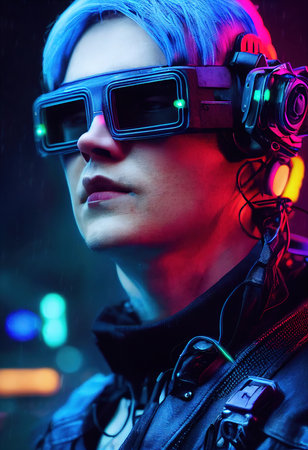 Portrait of a man wearing a cyberpunk headset, neon virtual glasses, and cyberpunk gear. A high-tech futuristic man from the future. The concept of virtual reality and cyberpunk. 3D rendering.の素材