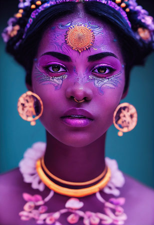 Fantasy fictional beauty, fashionable ebony woman with purple makeup. Creative beautiful girl. 3D renderの素材