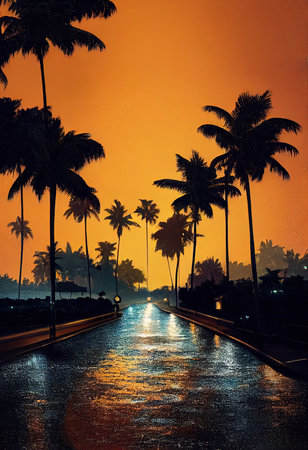 A futuristic evening city. A rainy city street with palm trees. The concept of virtual reality and cyberpunk. 3D rendering.の素材