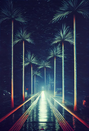 A futuristic neon city. A rainy city street with palm trees. The concept of virtual reality and cyberpunk. 3D rendering.の素材