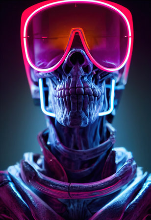 Portrait of a cyberpunk zombie skeleton from hell with fancy sunglasses. Halloween Concept. 3D rendering.の素材