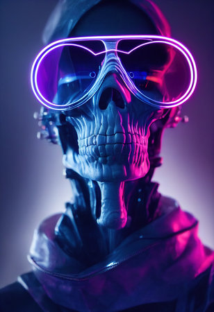 Portrait of a cyberpunk zombie skeleton from hell with fancy sunglasses. Halloween Concept. 3D rendering.の素材