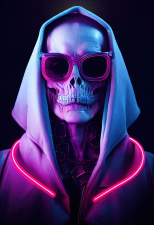 Portrait of a cyberpunk zombie skeleton from hell with fancy sunglasses. Halloween Concept. 3D rendering.の素材
