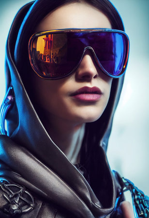 Fictional portrait of a sci-fi cyberpunk girl. High-tech futuristic woman from the future. The concept of virtual reality and cyberpunk. 3D render.の素材