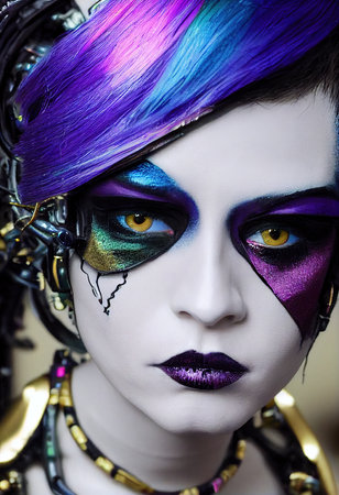 Portrait of a Victorian steampunk robot with beautiful makeup. Artistic abstract steampunk fantasy. The concept of a vintage robot. 3d renderingの素材