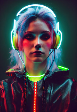 Fictional portrait of a fictional punk pretty girl with headphones and blue-pink hair. Hipster girl with punk hair. 3D renderの素材