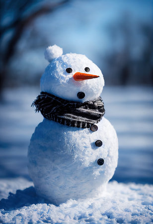 A cheerful snowman standing in a winter Christmas forest. A winter Christmas landscape. 3d renderingの素材