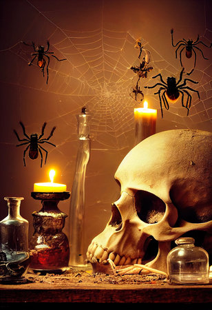 An abstract depiction of the workplace of an ancient alchemist, with skull, beakers, and spiders. 3D renderの素材