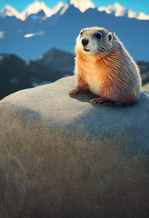 Alpine marmot resting on rocks in the sun. Groundhog in nature. 3d renderingの素材