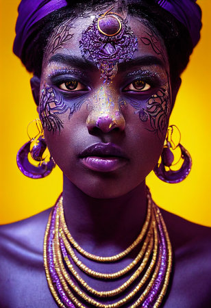 Fantasy fictional beauty, fashionable ebony woman with purple makeup. Creative beautiful girl. 3D renderの素材