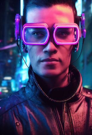 Portrait of a man wearing a cyberpunk headset and cyberpunk gear. A high-tech futuristic man from the future. The concept of virtual reality and cyberpunk. 3D rendering.の素材
