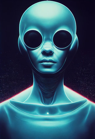 Creepy alien invader against a background of blurry lights. The concept of an alien from an alien planet. 3D renderの素材