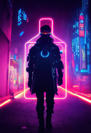 Fictional portrait of a sci-fi cyberpunk girl. High-tech futuristic woman from the future. The concept of virtual reality and cyberpunk. 3D render.の素材