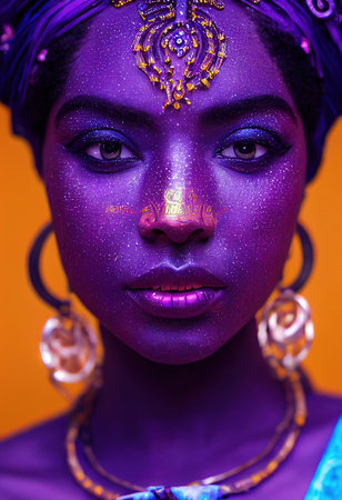 Fantasy fictional beauty, fashionable ebony woman with purple makeup. Creative beautiful girl. 3D renderの素材