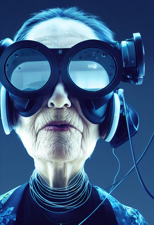 Fictional portrait of a grandmother in a futuristic cyberpunk style with a cyber headset. A high-tech man from the future. The concept of virtual reality and cyberpunk. 3D renderの素材