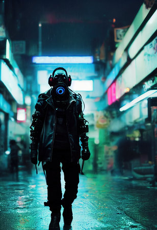 A stalker survivor in a leather jacket and a neon gas mask. Survivor of nuclear war. 3d renderingの素材