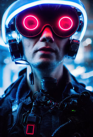Portrait of a man wearing a cyberpunk headset and cyberpunk gear. A high-tech futuristic man from the future. The concept of virtual reality and cyberpunk. 3D rendering.の素材