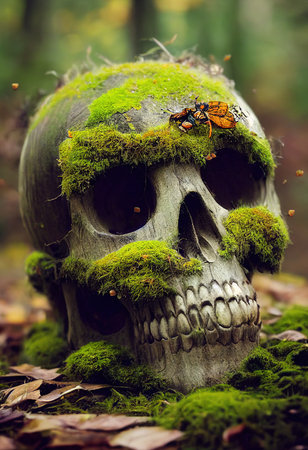 A horrible ancient skull covered with moss lies in a green autumn forest. 3D rendering.の素材